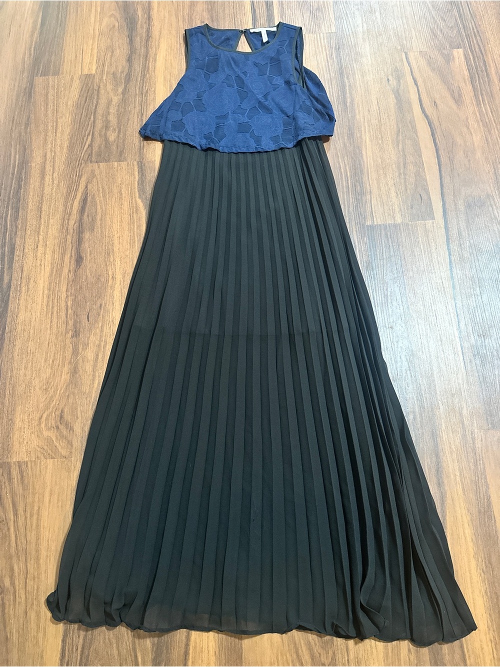 BCBGeneration Navy Lace Bodice with Black Colorblock Pleated Maxi Dress